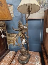 A PATINATED METAL TABLE LAMP FEATURING AN AMORINO STANDING ON A STARRY GLOBE.   H 80cms. A PAIR OF