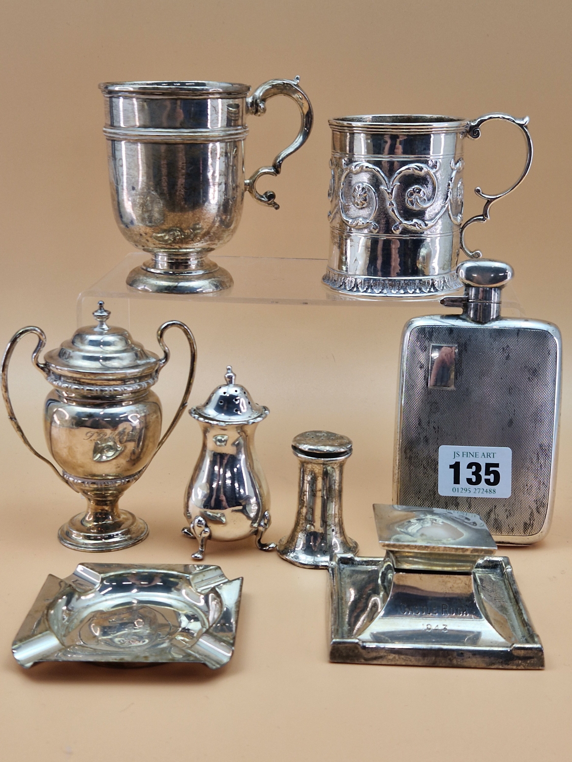 MISCELLANEOUS 20th C. HALLMARKED SILVER, TO INCLUDE A HIP FLASK, CHESTER 1937, A CHRISTENING MUG,