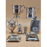 MISCELLANEOUS 20th C. HALLMARKED SILVER, TO INCLUDE A HIP FLASK, CHESTER 1937, A CHRISTENING MUG,