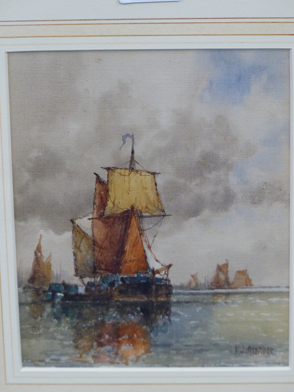 FREDERICK JAMES ALDRIDGE (1850-1933), BOATS IN CALM SEAS, SIGNED, WATERCOLOUR, 14 x 18cm. - Image 2 of 5