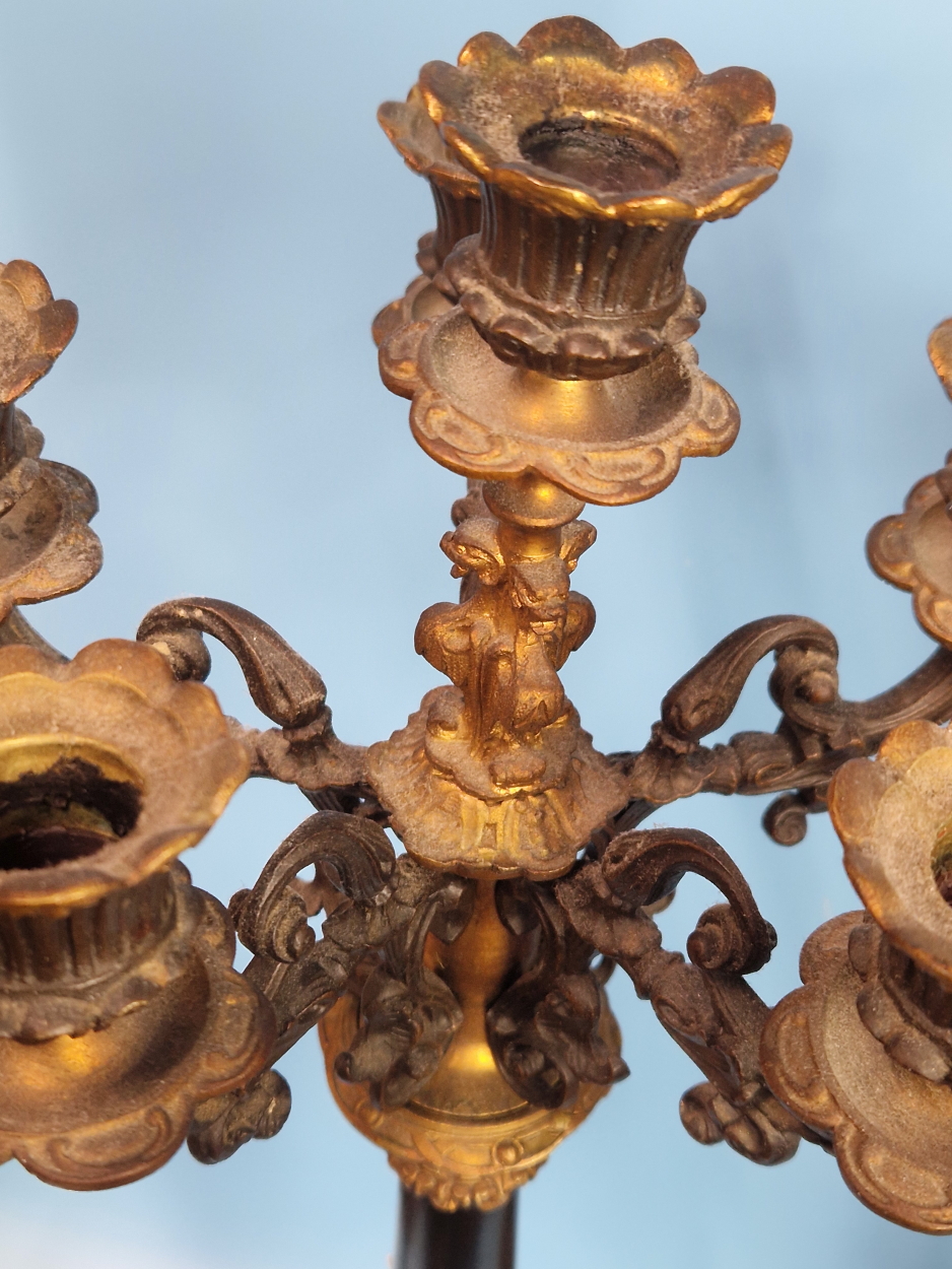 A PAIR OF 19th C. ORMOLU, BRONZE AND BLACK SLATE FIVE LIGHT CANDELABRA SUPPORTED ON TRIPARTITE - Image 8 of 8