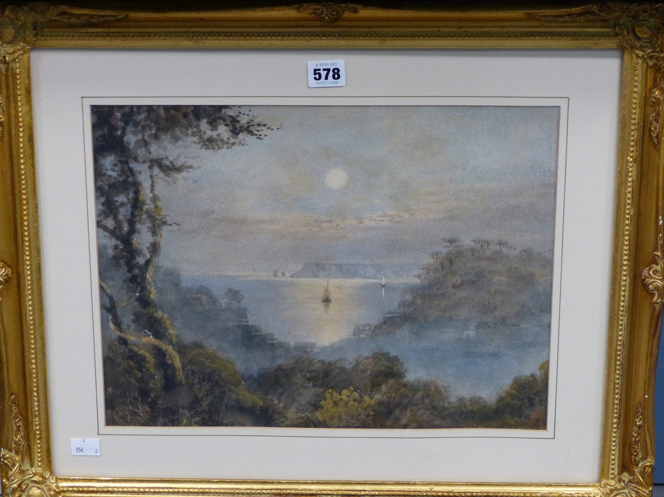 BRITISH SCHOOL (19TH CENTURY), MOONLIT COASTAL SCENE WITH BOAT IN A BAY, WATERCOLOUR, 39 x 29.5cm. - Image 2 of 6