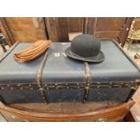 AN IRON BOUND BLUE TRUNK, A PEEL & CO. BROWN LEATHER HANDBAG TOGETHER WITH A LOCK BLACK BOWLER HAT