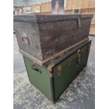 A VICTORIAN PINE BLANKET BOX AND A LARGE CABIN TRUNK