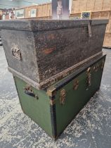 A VICTORIAN PINE BLANKET BOX AND A LARGE CABIN TRUNK