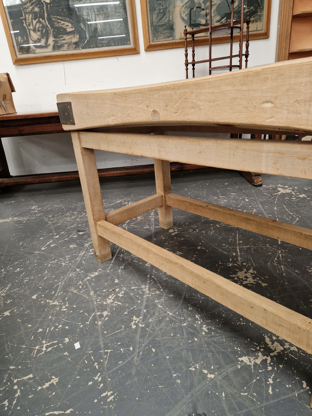 A VINTAGE BUTCHERS BLOCK ON PINE LEGS, LABELED G. RUSHBROOK, SMITHFIELD  W 122 x D 63 x H 84cms. - Image 5 of 5