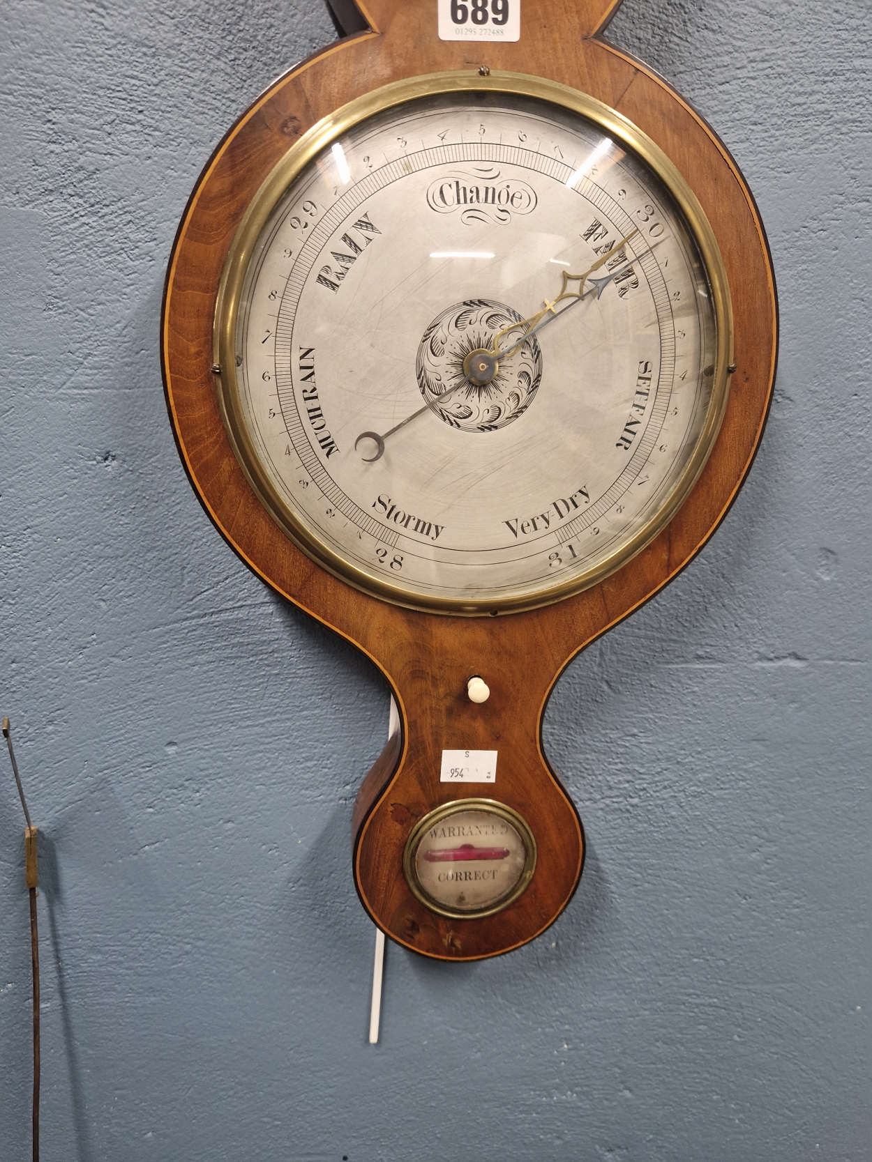 A 19th C. LINE INLAID MAHOGANY BANJO BAROMETER WITH A MERCURY THERMOMETER ABOVE A MIRRORED CONVEX - Image 2 of 3