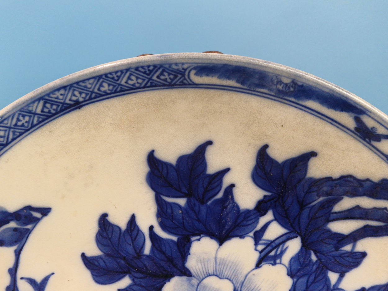 TWO CHINESE POTTERY BLUE AND WHITE CHARGERS, ONE PAINTED WITH A BIRD PERCHED ON A CHERRY BLOSSOM - Image 7 of 9