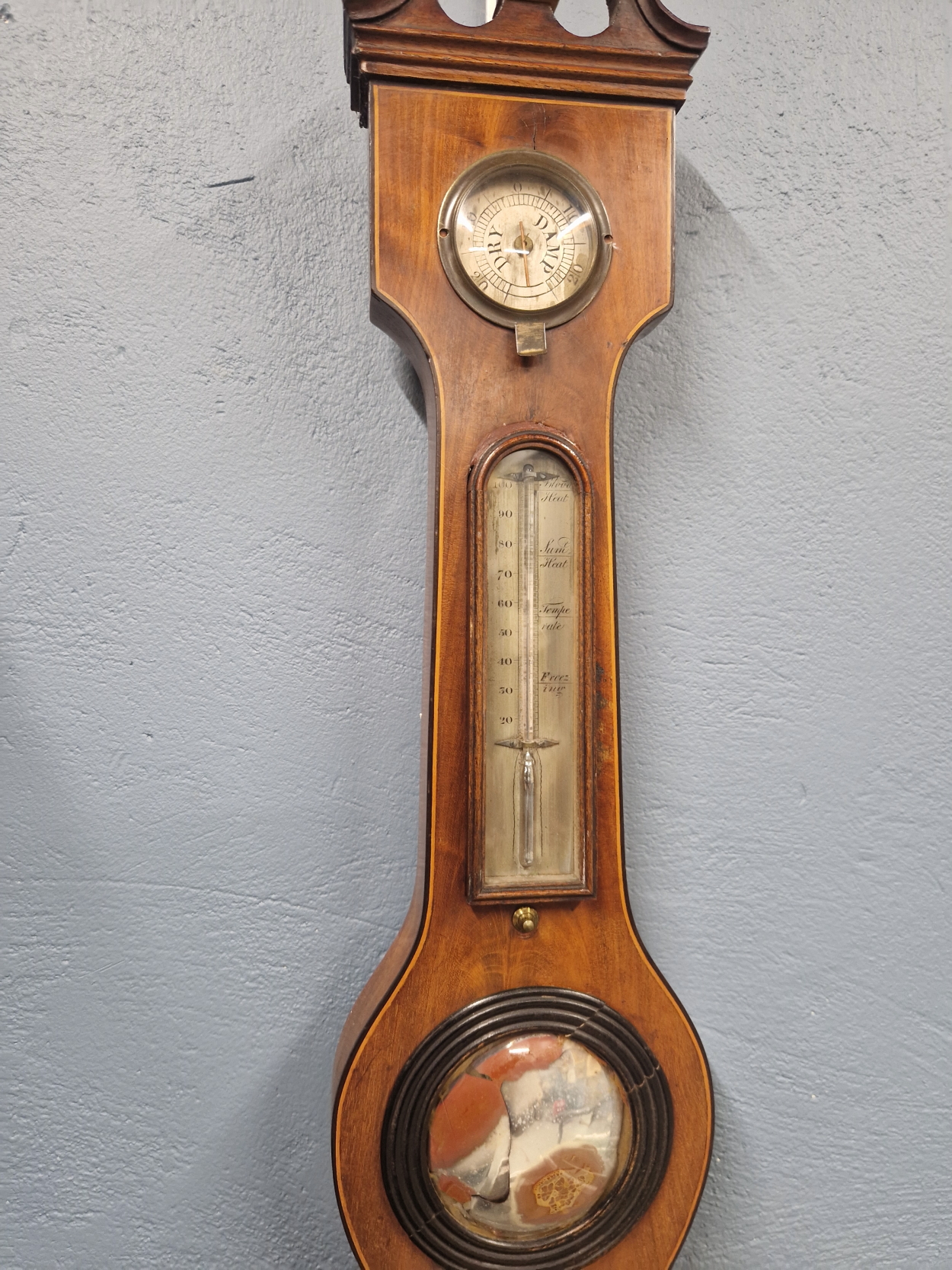 A 19th C. LINE INLAID MAHOGANY BANJO BAROMETER WITH A MERCURY THERMOMETER ABOVE A MIRRORED CONVEX - Image 3 of 3