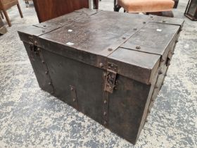 A BLACK METAL STRONG BOX OR TRUNK