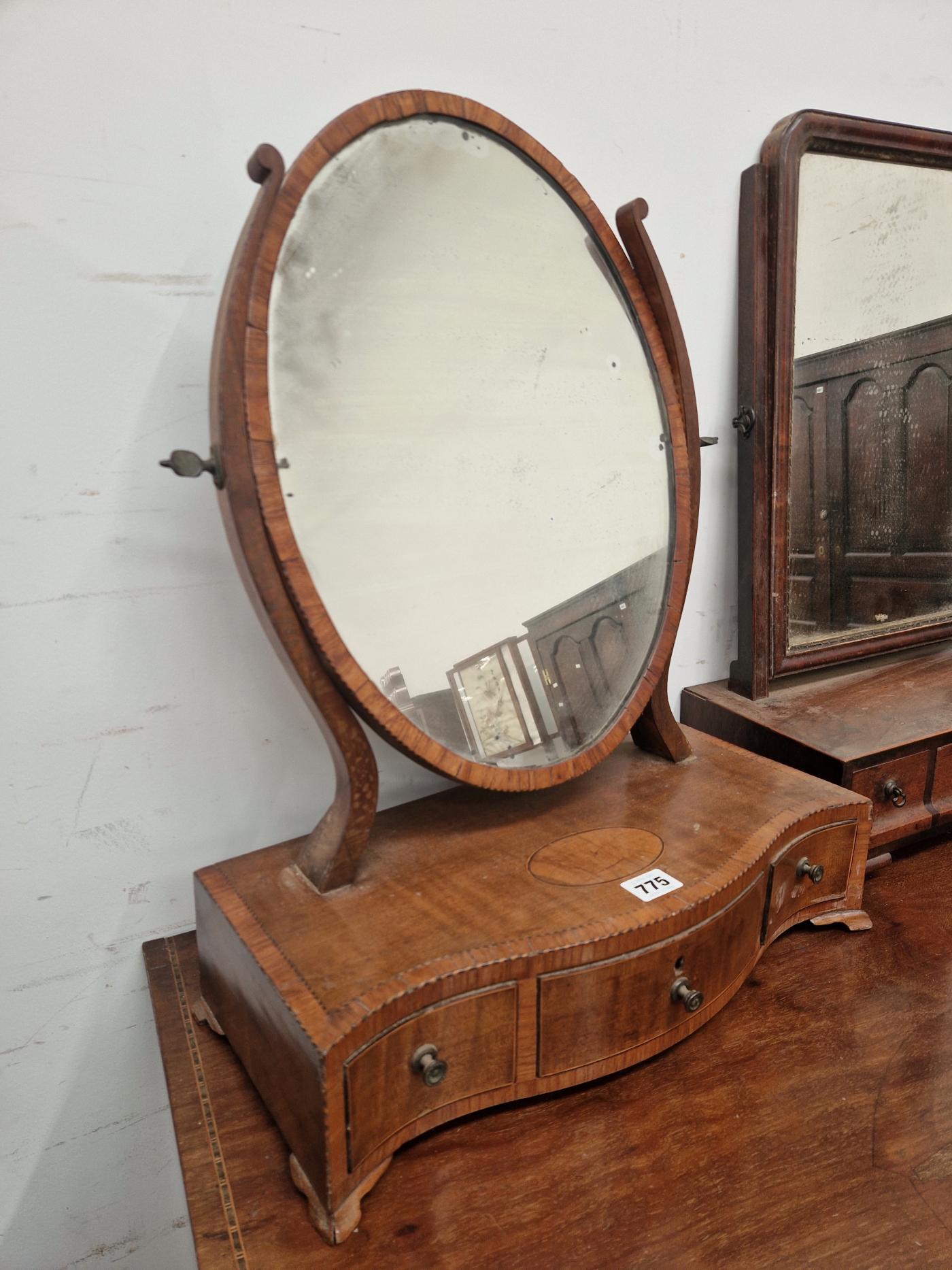 TWO 19th C. DRESSING TABLE MIRRORS, EACH SUPPORTED ON THREE DRAWER BASES, THE OVAL MIRROR ON A - Image 2 of 3