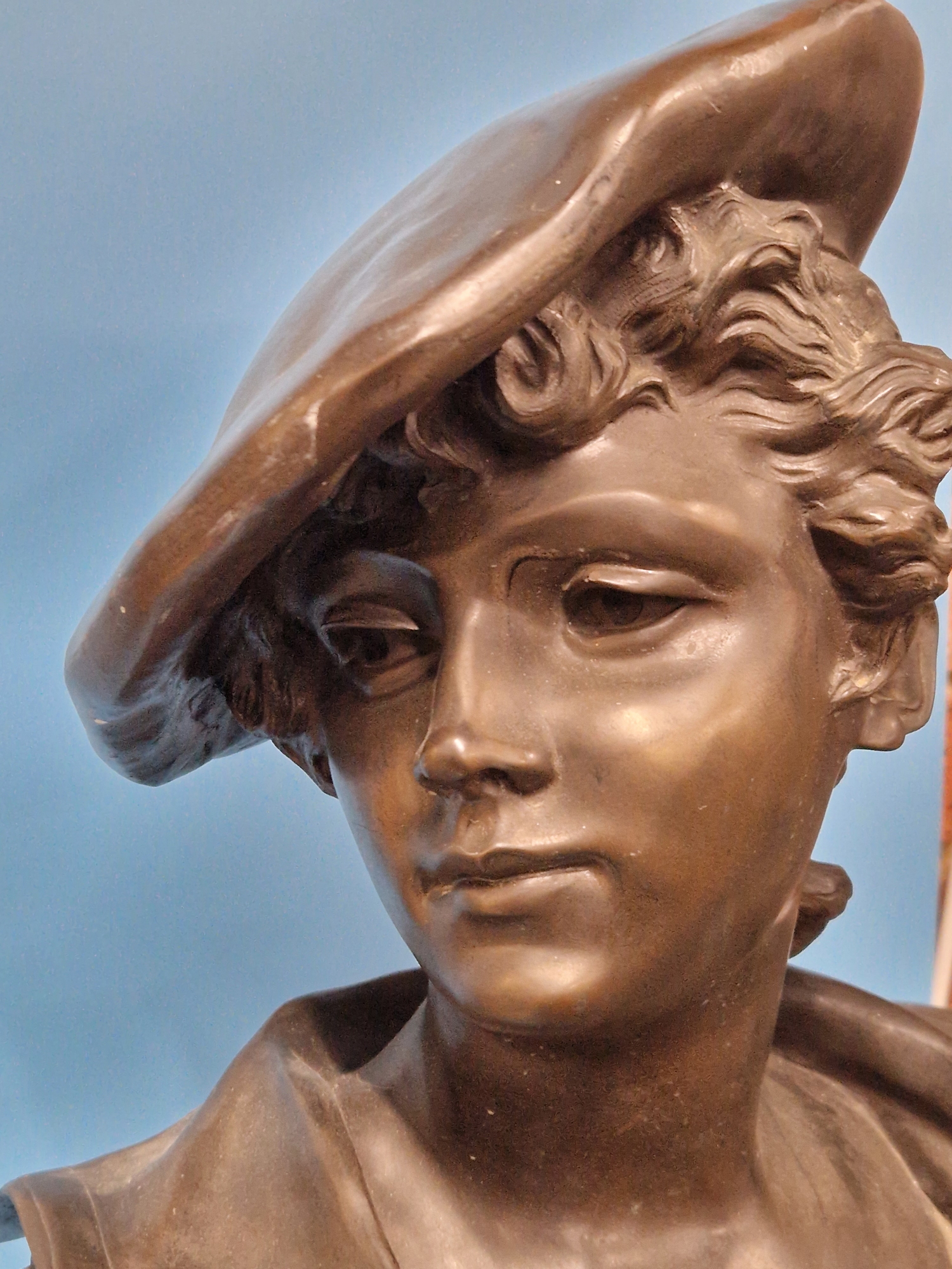 A BRONZED COMPOSITION BUST LABELLED LA CANOTIERE PAR DUTRION, SHE WEARS A CAP AND HAS ANCHORS ON THE - Image 8 of 10