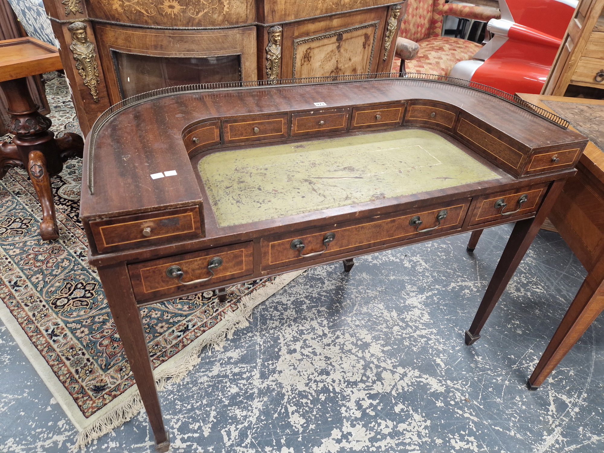 A MAHOGANY CARLTON HOUSE DESK, THE GALLERIED BACK ABOVE FIVE LINE INLAID DRAWERS BEFORE THE GREEN - Image 2 of 10