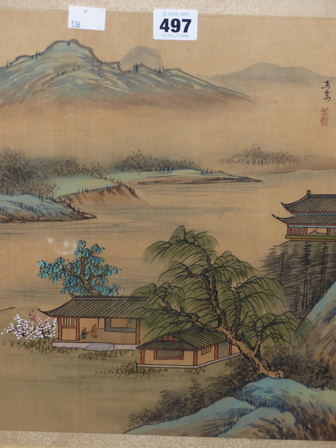 A SET OF FOUR CHINESE WATERCOLOUR PAINTINGS ON SILK DEPICTING LANDSCAPES. (4)