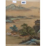 A SET OF FOUR CHINESE WATERCOLOUR PAINTINGS ON SILK DEPICTING LANDSCAPES. (4)