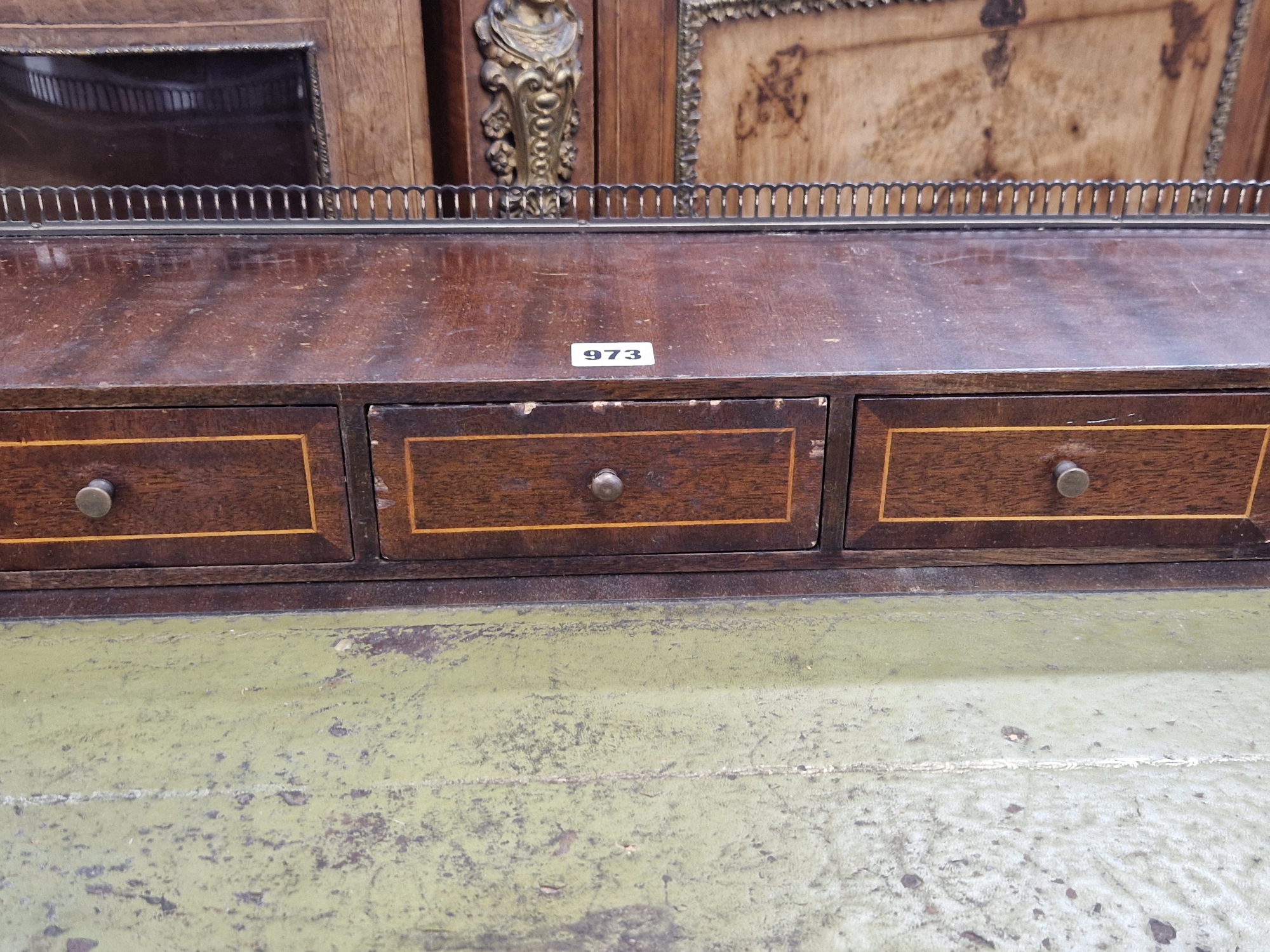 A MAHOGANY CARLTON HOUSE DESK, THE GALLERIED BACK ABOVE FIVE LINE INLAID DRAWERS BEFORE THE GREEN - Image 7 of 10