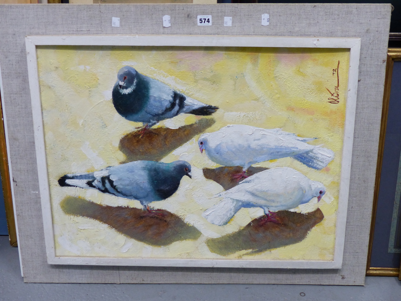 OLIVA (20TH CENTURY) ARR, PIGEONS AND DOVES, SIGNED AND DATED 72, OIL ON BOARD, 69 x 52.5cm - Image 5 of 6