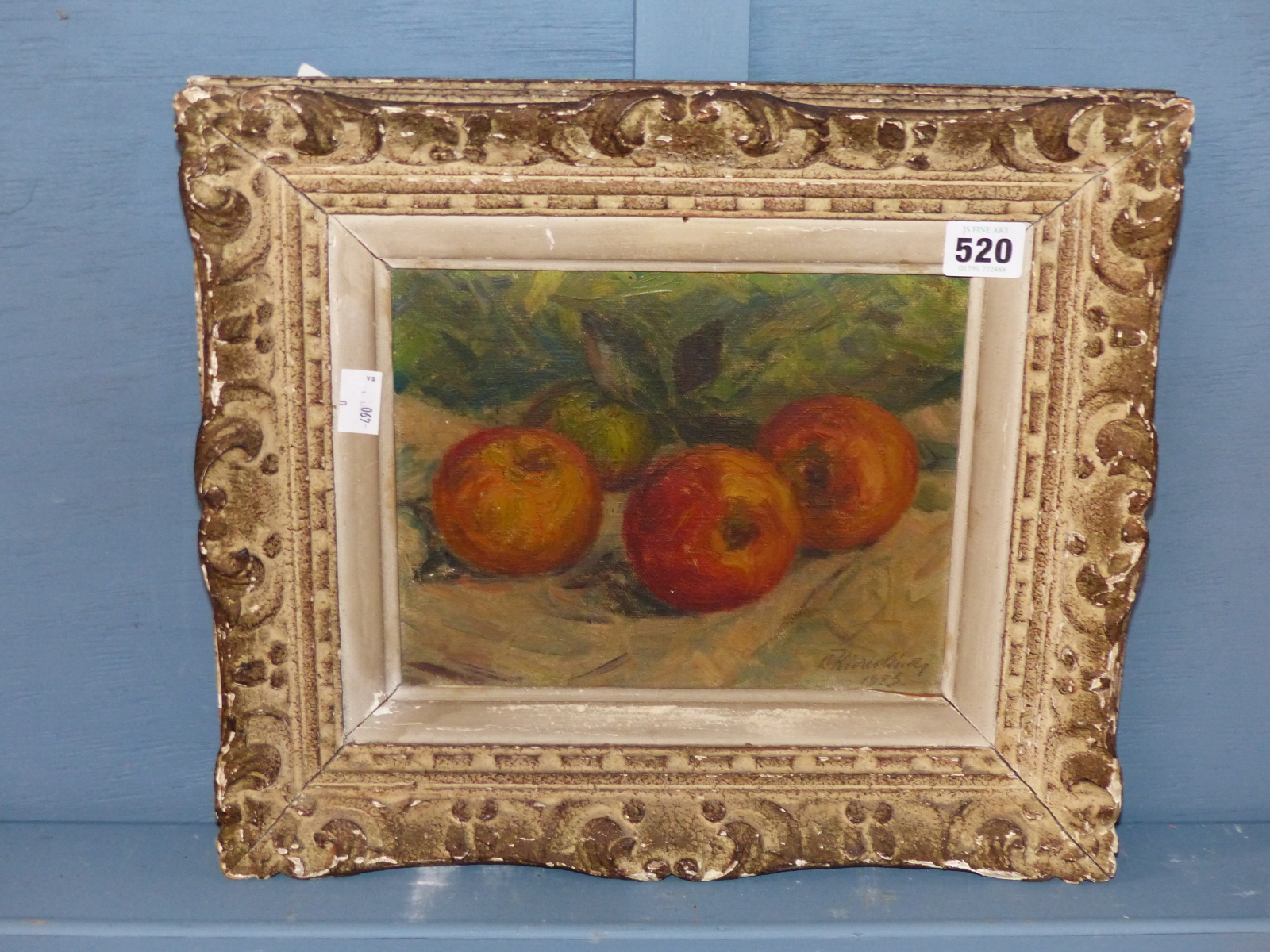 CONTINENTAL SCHOOL (20TH CENTURY), STILL LIFE OF APPLES, INDISTINCTLY SIGNED AND DATED 1943, OIL - Image 3 of 5