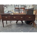 A 19th C. OAK THREE DRAWER DRESSER ON TAPERING CYLINDRICAL FRONT LEGS. W 172 x D 49 x H 70cms.