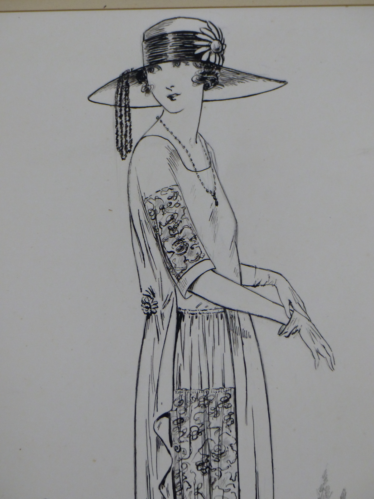 ATTRIBUTED TO ELLEN DYER, A 1920S LADY WALKING AS SHE PUTS ON HER GLOVES, PEN AND INK. 33 x 23cms. - Image 3 of 5