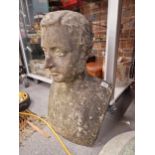 A WEATHERED CARVED MARBLE BUST OF A GENTLEMAN. H 57cms.