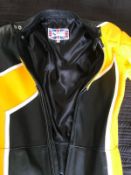 VINTAGE MIKE WILLIS MW LEATHERS. MOTORCYCLE RACING ONE PIECE SUIT YELLOW WHITE AND BLACK.