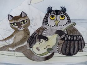 SHEILA FLINN (B.1929) ARR, THE OWL AND THE PUSSYCAT, SIGNED, WATERCOLOUR AND GOUACHE, 50 x 36cms.