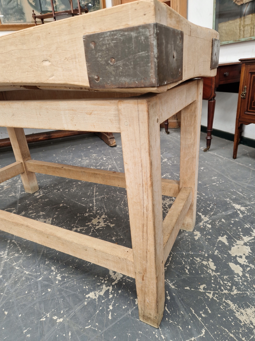 A VINTAGE BUTCHERS BLOCK ON PINE LEGS, LABELED G. RUSHBROOK, SMITHFIELD  W 122 x D 63 x H 84cms. - Image 4 of 5