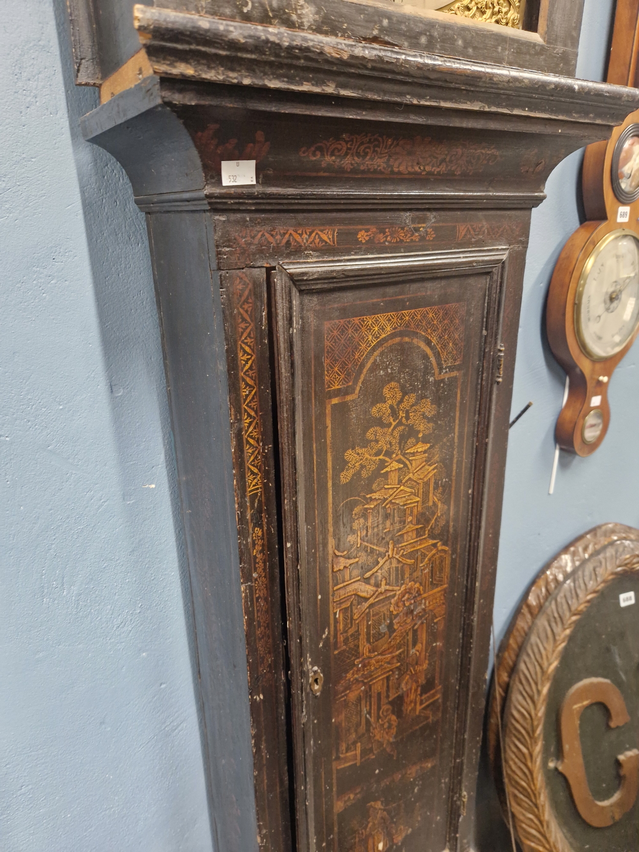 A LATE 18th C. CHINOISERIE BLACK LACQUER LONG CASED CLOCK, THE SQUARE DIAL WITH SUBSIDIARY SECONDS - Image 3 of 5
