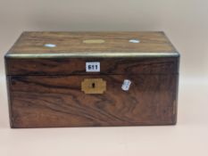 A VICTORIAN BRASS BOUND ROSEWOOD WRITING SLOPE WITH INTERIOR INKWELL, COMPARTMENT AND DRAWERS. W