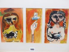 MONSHO (20TH CENTURY) TRIPTYCH OF WOMEN AND BIRDS, SIGNED, WATERCOLOUR, FRAMED AS ONE, INSCRIBED
