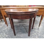 A GEORGE III MAHOGANY DEMILUNE TEA TABLE OPENING ON A SINGLE GATE, THE SQUARE SECTIONED LEGS
