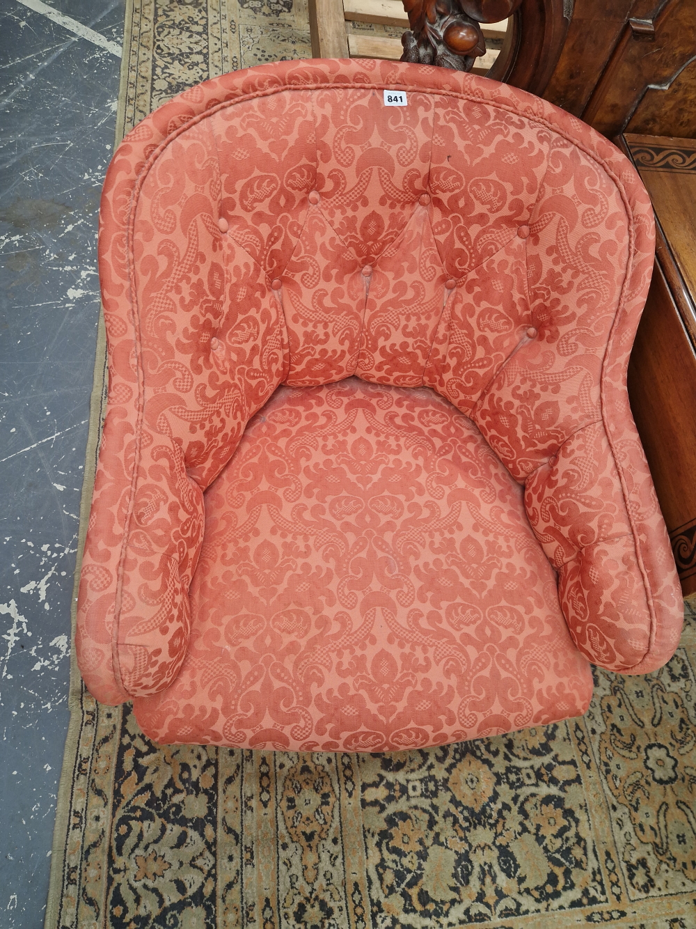 A MAHOGANY ARMCHAIR, THE ROUNDED BACK BUTTON UPHOLSTERED IN TERRACOTTA DAMASK - Image 4 of 4