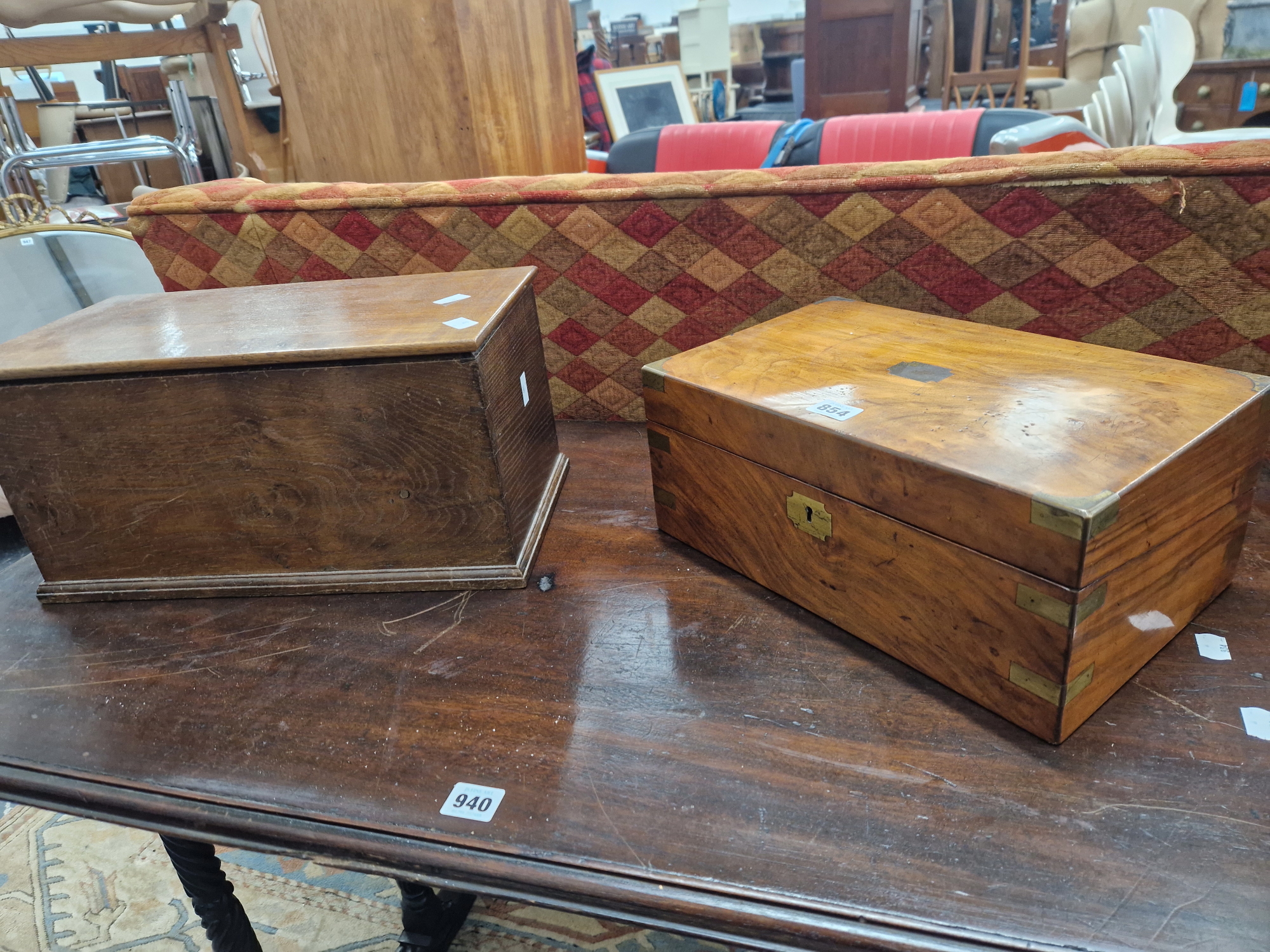 A BRASS CORNERED WALNUT WRITING SLOPE TOGETHER WITH AN OAK BOX