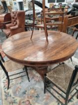 A 19th C. ROSEWOOD BREAKFAST TABLE ON AN OCTAGONAL COLUMN TRIPARTITE PLINTH AND SCROLL FEET. Dia.