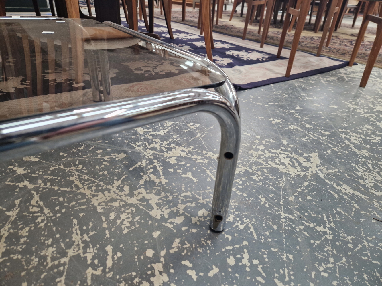 A PAIR OF RETRO CHROME FRAME COFFEE TABLES WITH SMOKE GLASS TOPS. - Image 3 of 3