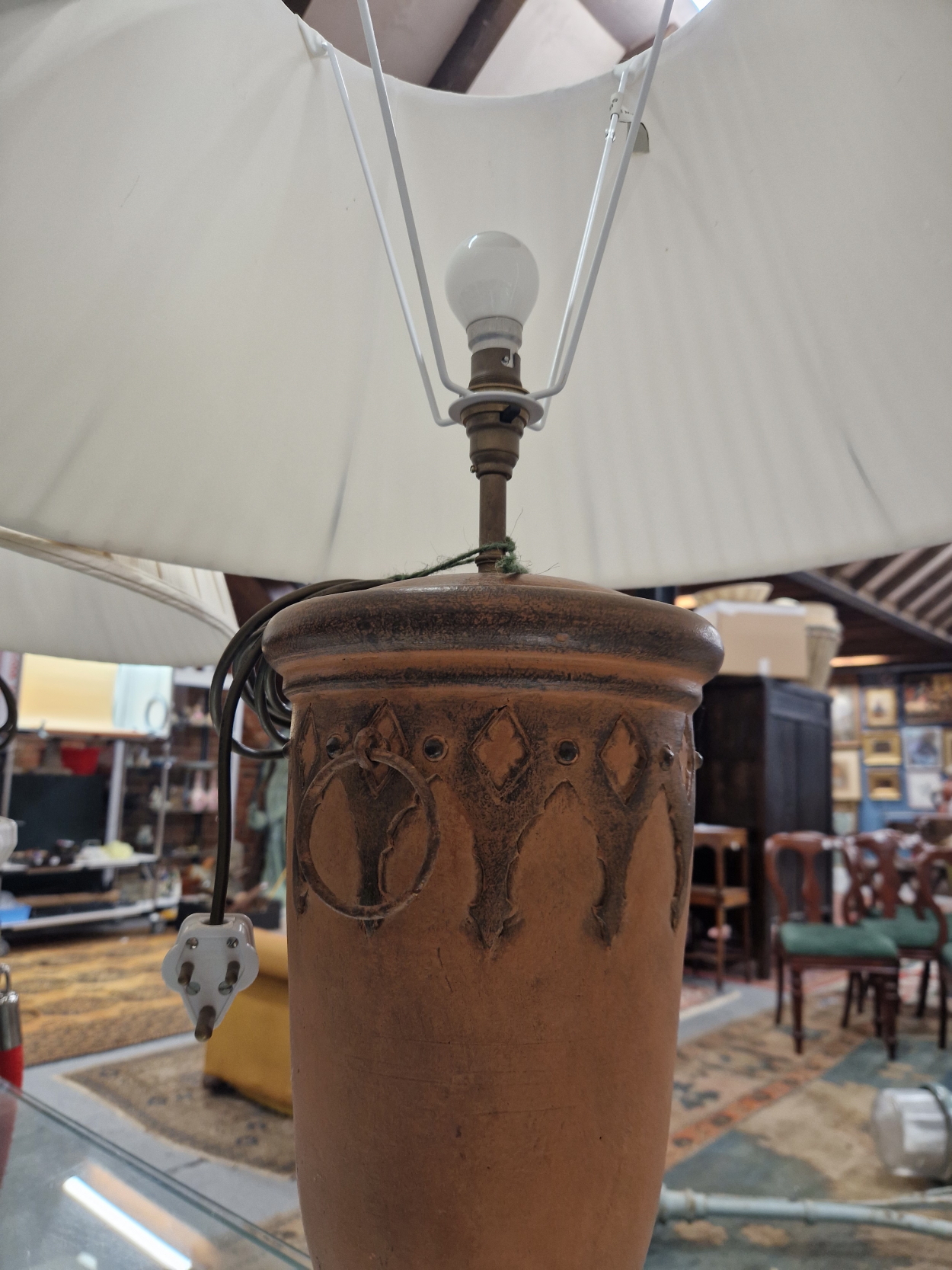 A PAIR OF TERRACOTTA TABLE LAMPS, THE SLENDER OVOID SHAPES RAISED ON CIRCULAR FEET, TO THE TOP OF - Image 3 of 6