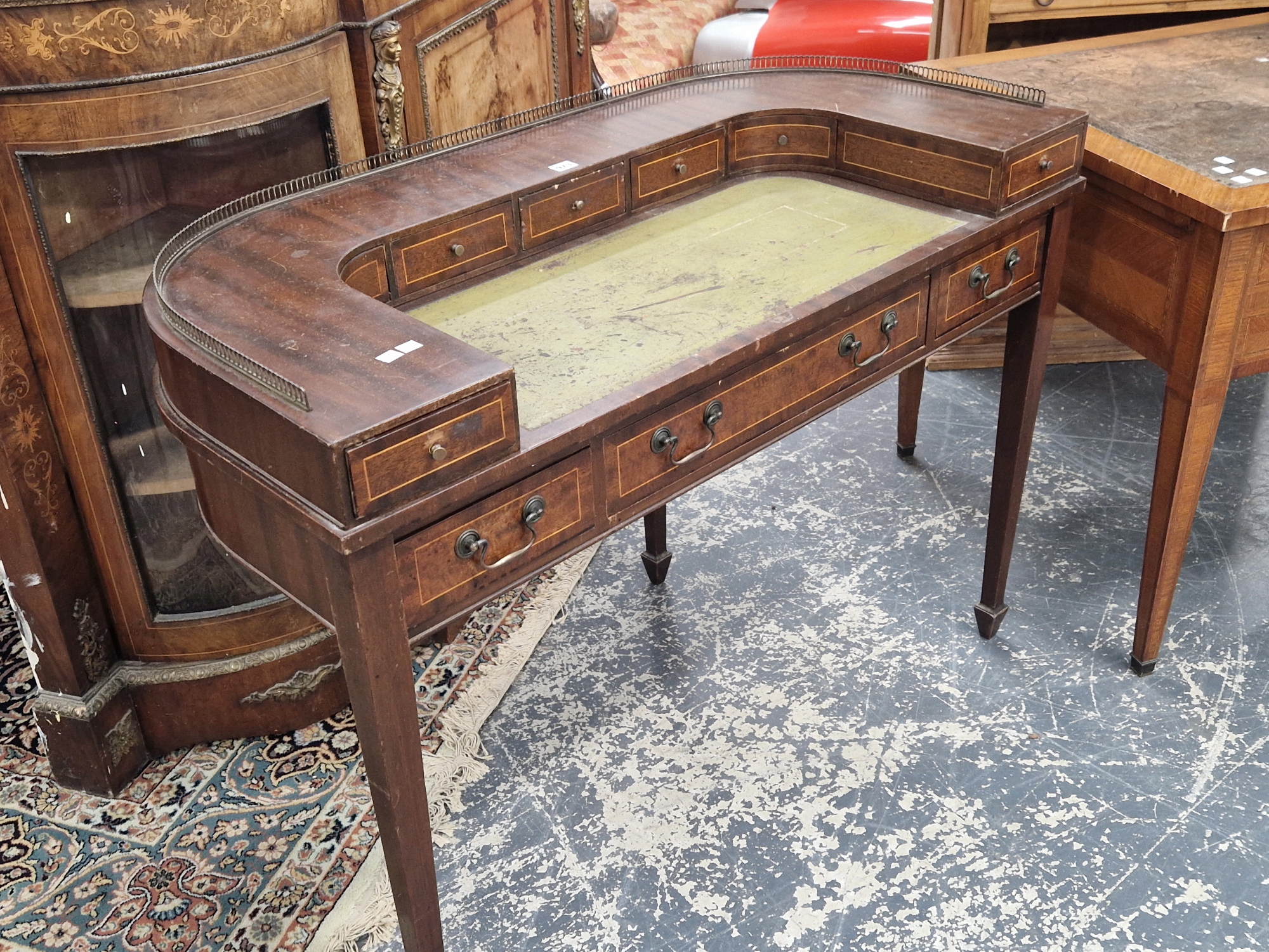 A MAHOGANY CARLTON HOUSE DESK, THE GALLERIED BACK ABOVE FIVE LINE INLAID DRAWERS BEFORE THE GREEN - Image 3 of 10