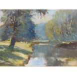 20th C. ENGLISH SCHOOL SUNLIT RIVER LANDSCAPE, SIGNED CUMING, OIL ON BOARD, 33 x