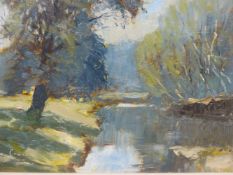 20th C. ENGLISH SCHOOL SUNLIT RIVER LANDSCAPE, SIGNED CUMING, OIL ON BOARD, 33 x