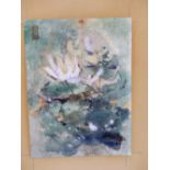 QUAN (CHINESE SCHOOL), LOTUS FLOWERS, SIGNED, WATERCOLOUR, 28.5 x 38cm, UNFRAMED.
