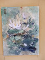 QUAN (CHINESE SCHOOL), LOTUS FLOWERS, SIGNED, WATERCOLOUR, 28.5 x 38cm, UNFRAMED.