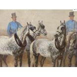 ENGLISH SCHOOL (19TH CENTURY), TWO GROOMS IN BLUE LIVERY WITH FOUR DAPPLE GREY CARRIAGE HORSES,