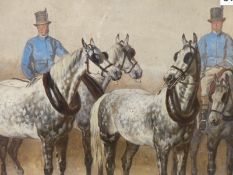 ENGLISH SCHOOL (19TH CENTURY), TWO GROOMS IN BLUE LIVERY WITH FOUR DAPPLE GREY CARRIAGE HORSES,