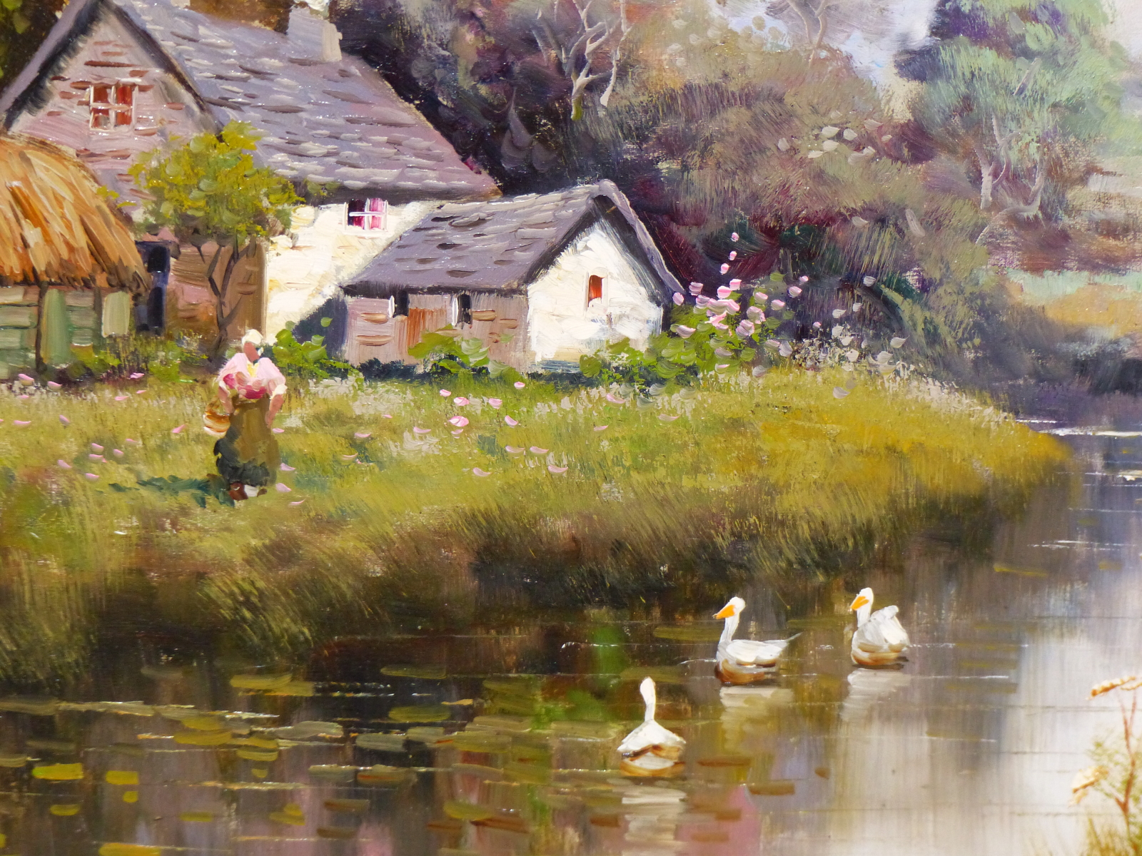 ITALIAN SCHOOL (20TH CENTURY), WOMAN FEEDING DUCKS IN A RIVER LANDSCAPE, INDISTINCTLY SIGNED, OIL ON - Image 4 of 5