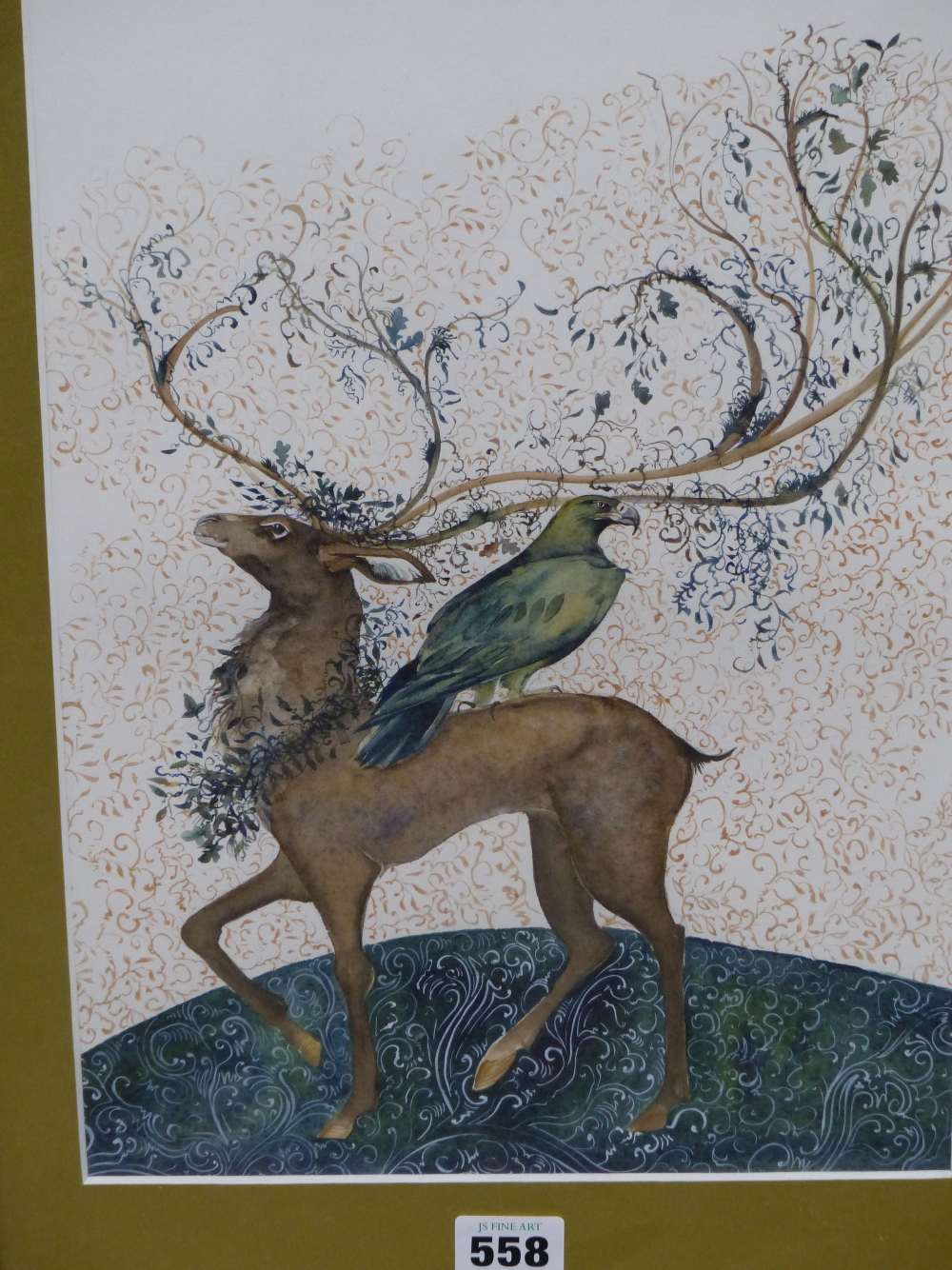 JACKIE MORRIS (20TH/21ST CENTURY) ARR, STAG AND EAGLE, WATERCOLOUR HIGHLIGHTED WITH GILT, 24.5 x - Image 2 of 8