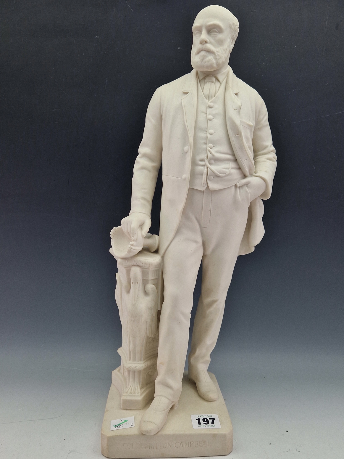 A 19th C. PARIAN FIGURE OF COLIN MINTON CAMPBELL STANDING HOLDING A CUP ON A COLUMN MOULDED THIS - Image 3 of 11