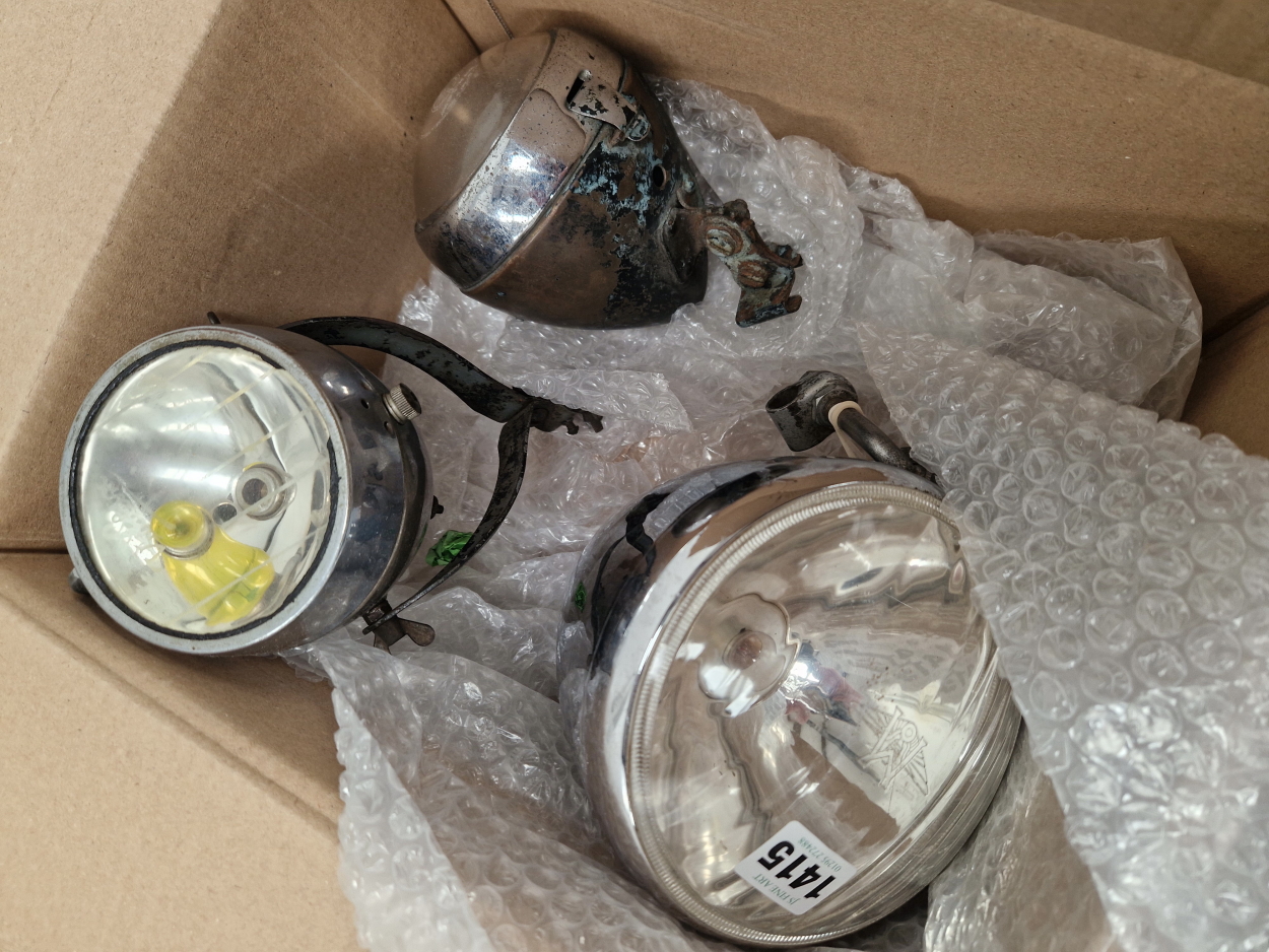 THREE VINTAGE MOTORCYLE HEADLAMPS