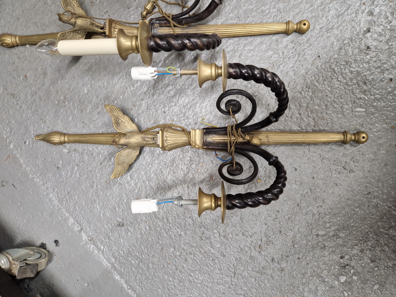 A SET OF FOUR BLACKENED AND POLISHED BRONZE TWO BRANCH WALL LIGHTS, THE REEDED BACK PLATES WITH - Image 2 of 6