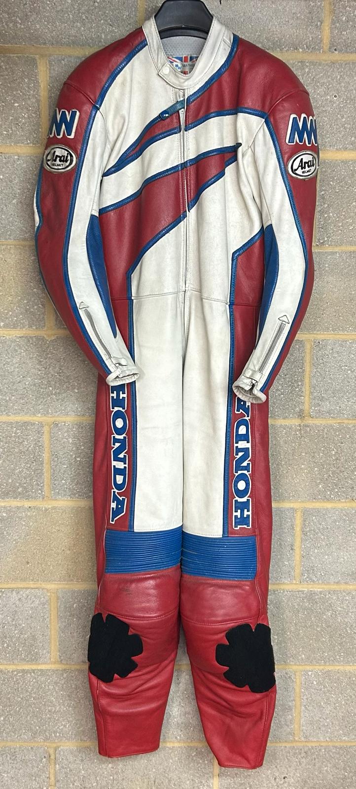 VINTAGE MIKE WILLIS MW LEATHERS. MOTORCYCLE RACING ONE PIECE SUIT WITH HONDA AND ARAI LOGOS . BLUE
